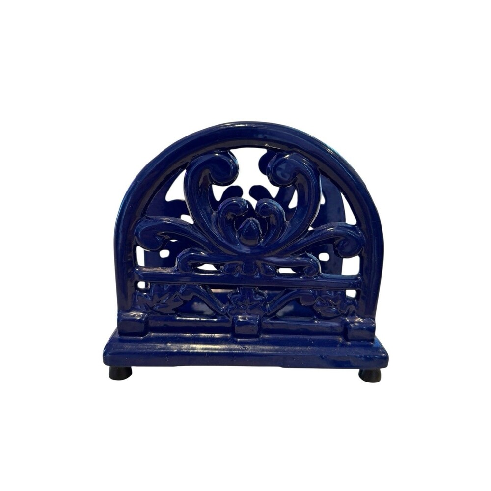 Cobalt Blue Cast Iron Enamel Napkin, Letter Holder Lattice Fleur De Lis Des SEE
